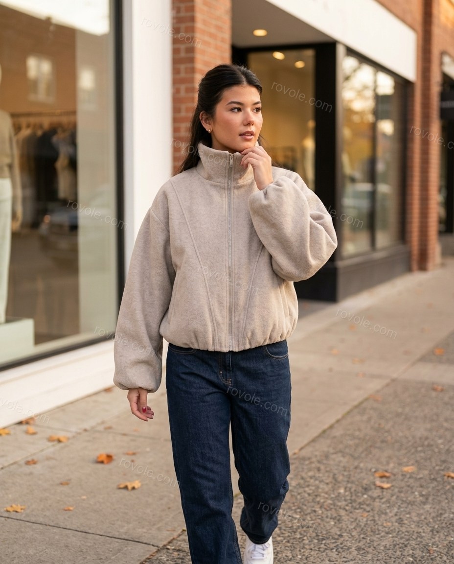 Light Beige Knit Jacket, movement and fit lifestyle view, by rovole.com