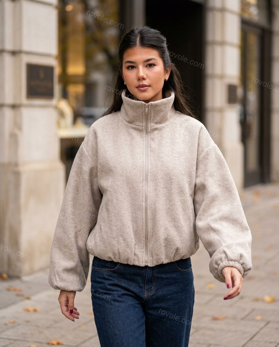 Light Beige Knit Jacket, walking lifestyle view, by rovole.com