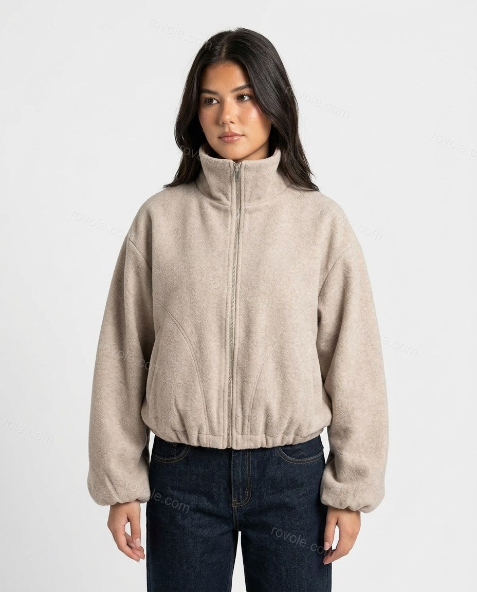 Light Beige Knit Jacket, front studio view, by rovole.com