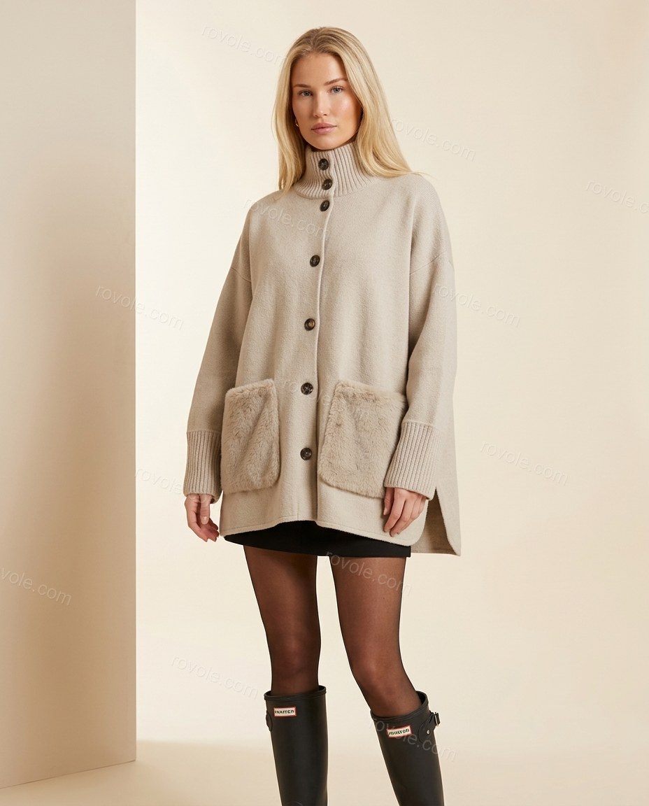 Light Beige Knit Ribbed Outerwear, full-length hero view, by rovole.com