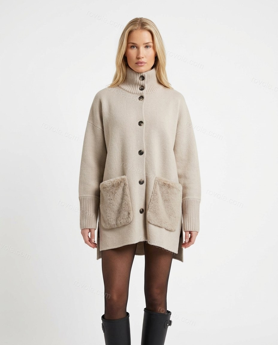 Light Beige Knit Ribbed Outerwear, front studio view, by rovole.com