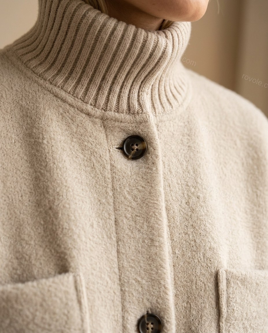 Light Beige Knit Ribbed Outerwear, close-up of button front, patch pockets and ribbed cuffs, by rovole.com