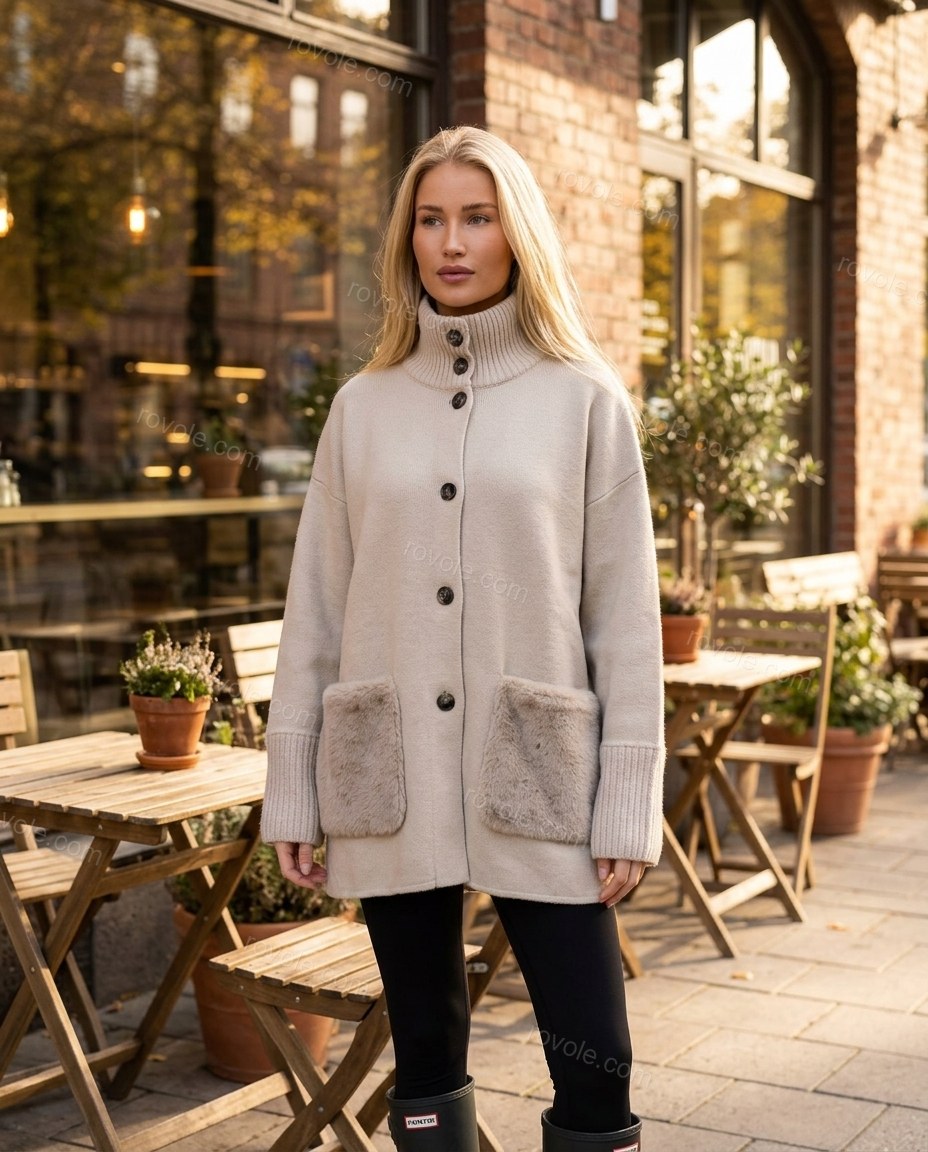 Light Beige Knit Ribbed Outerwear, alternate use-case lifestyle view, by rovole.com