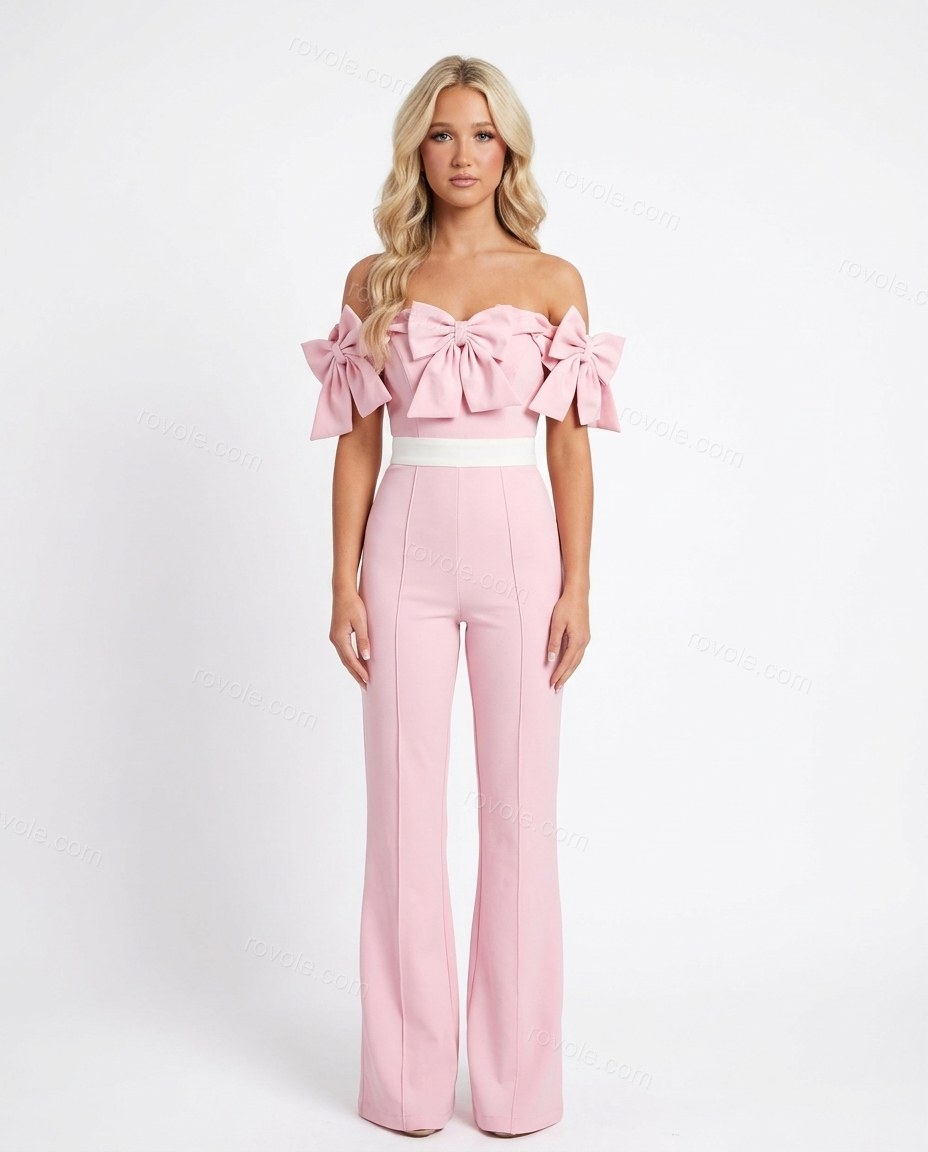 Pink Off-Shoulder Jumpsuit, side and back studio view, by rovole.com