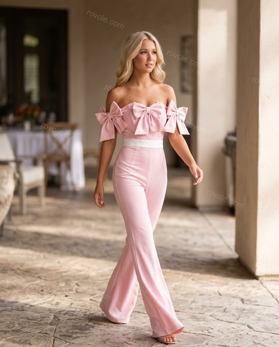Pink Off-Shoulder Jumpsuit, walking lifestyle view, by rovole.com