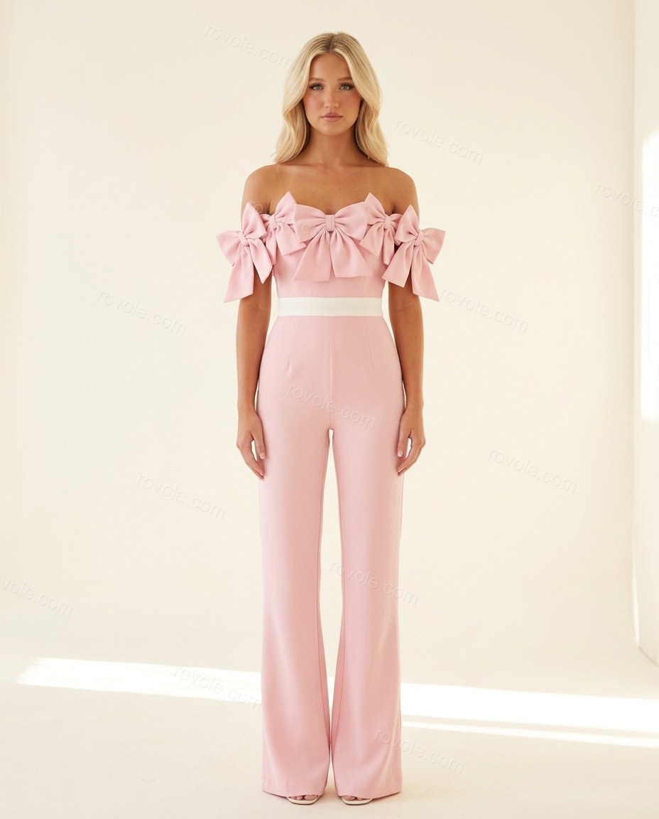 Pink Off-Shoulder Jumpsuit, full-length hero view, by rovole.com