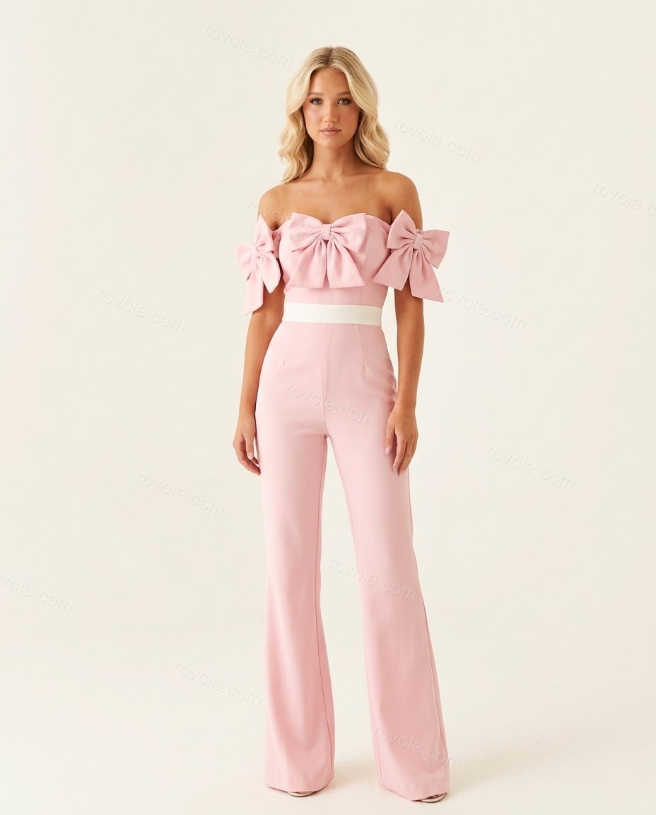 Pink Off-Shoulder Jumpsuit, front studio view, by rovole.com