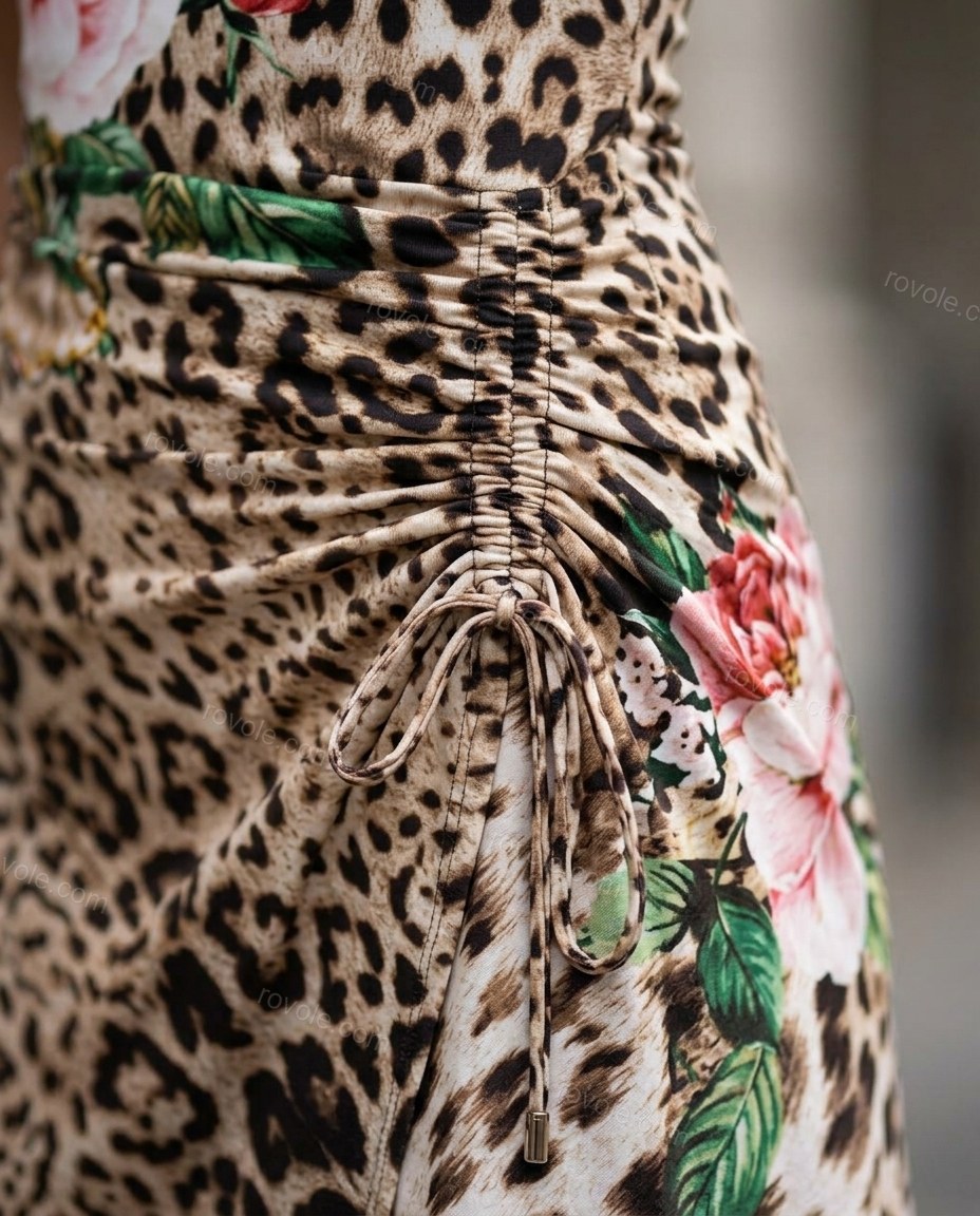 Beige Animal Print Mini Asymmetric Dress, close-up of animal print, by rovole.com