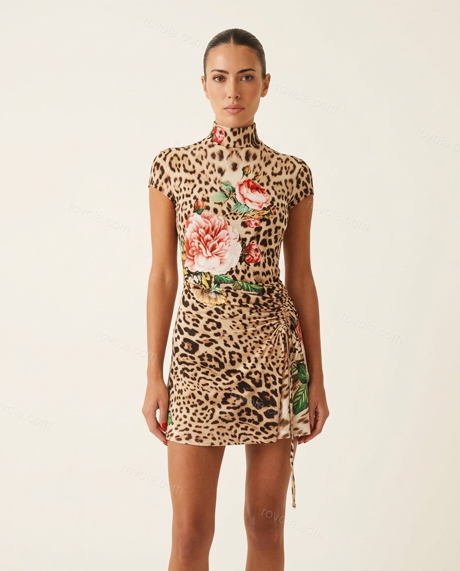 Beige Animal Print Mini Asymmetric Dress, front studio view, by rovole.com