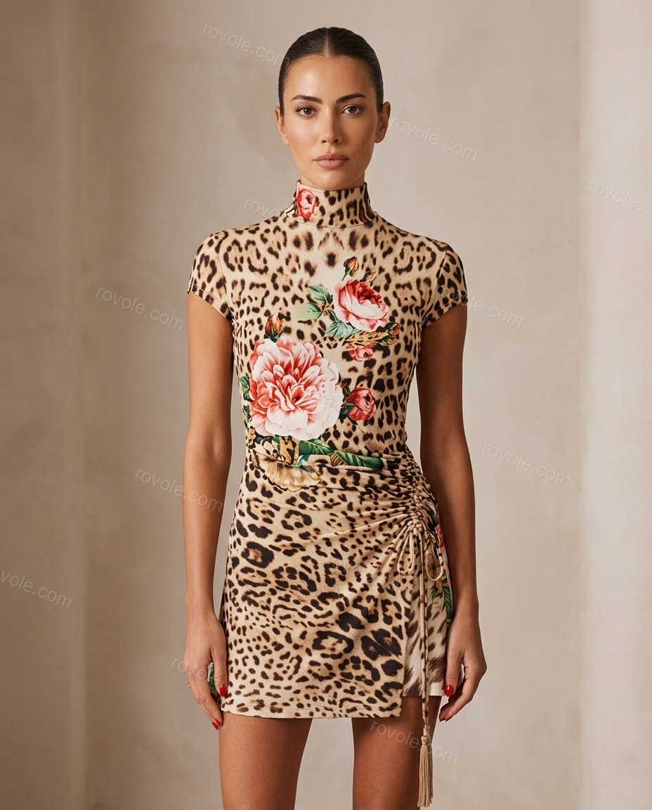 Beige Animal Print Mini Asymmetric Dress, full-length hero view, by rovole.com