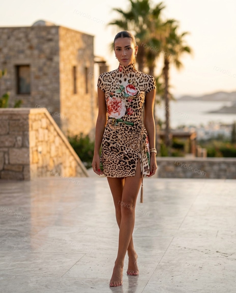 Beige Animal Print Mini Asymmetric Dress, three-quarter brand lifestyle view, by rovole.com
