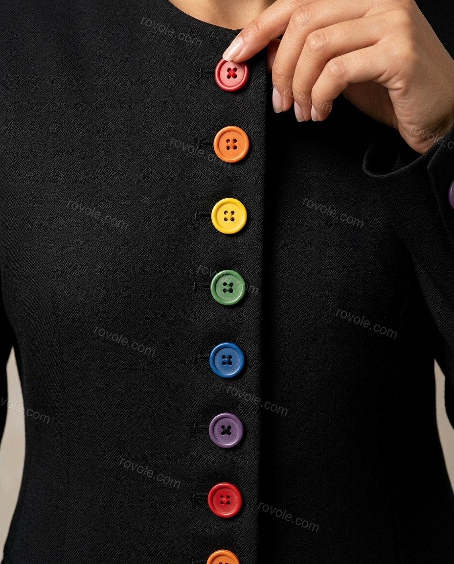 Black Coat, close-up of red and orange accents, colorful buttons and shoulder pads, by rovole.com