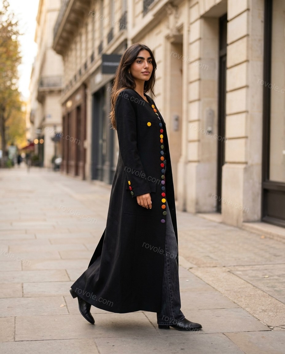 Black Coat, walking lifestyle view, by rovole.com
