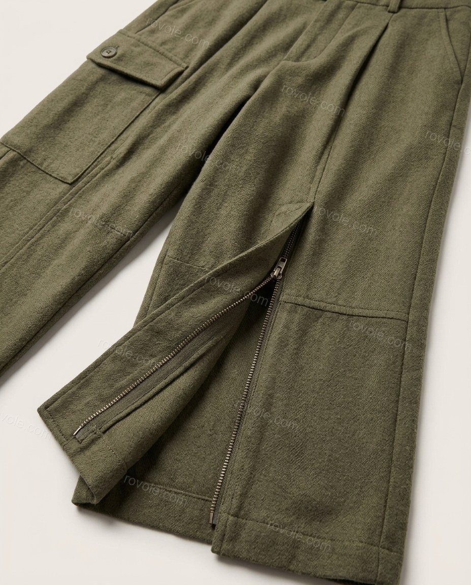 Olive Green Pleated Pants, close-up of gold accents, high waist and front pleats, by rovole.com