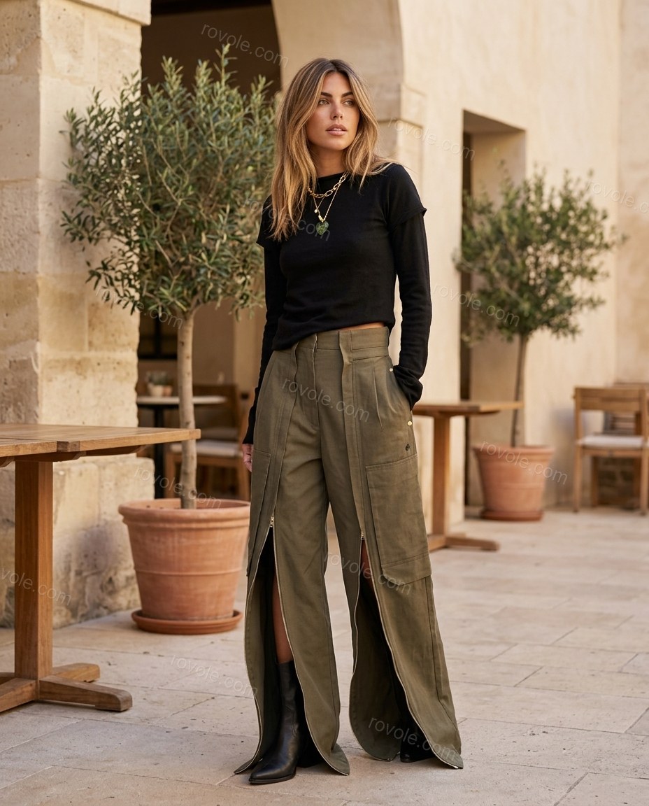 Olive Green Pleated Pants, three-quarter brand lifestyle view, by rovole.com