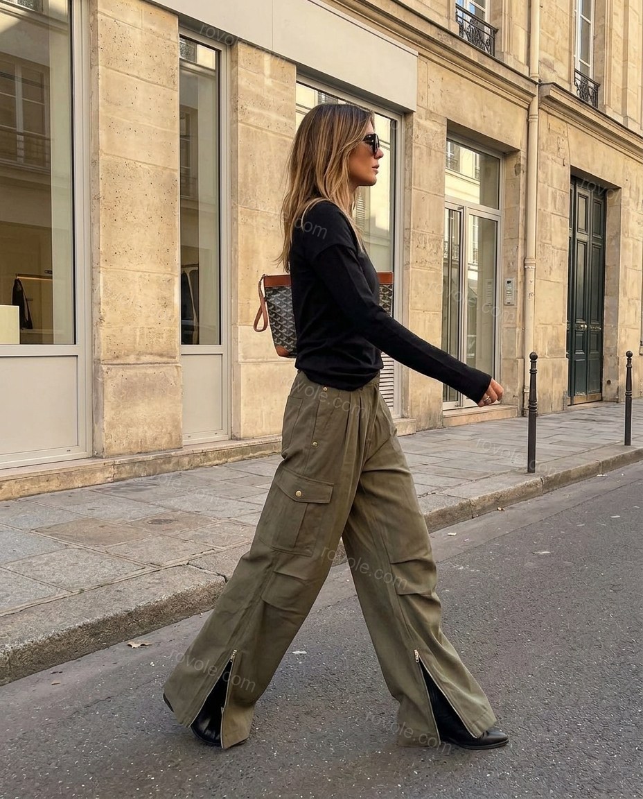 Olive Green Pleated Pants, movement and fit lifestyle view, by rovole.com