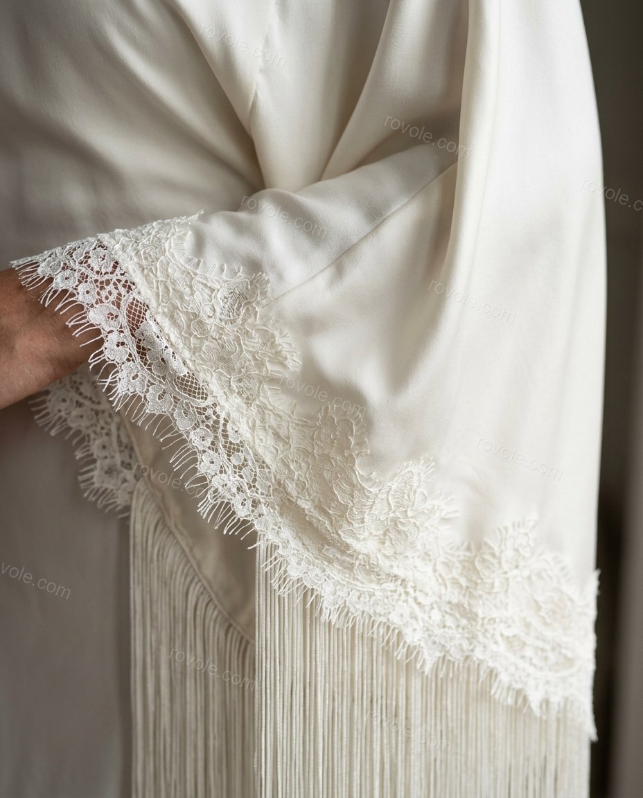Off-white Fringe Satin Lace Dress, close-up of fringe hem, lace trim and boat neck, by rovole.com