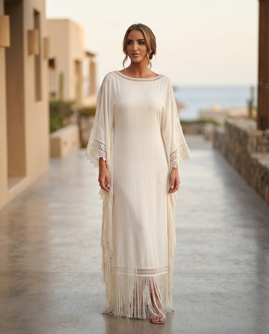 Off-white Fringe Satin Lace Dress, alternate use-case lifestyle view, by rovole.com