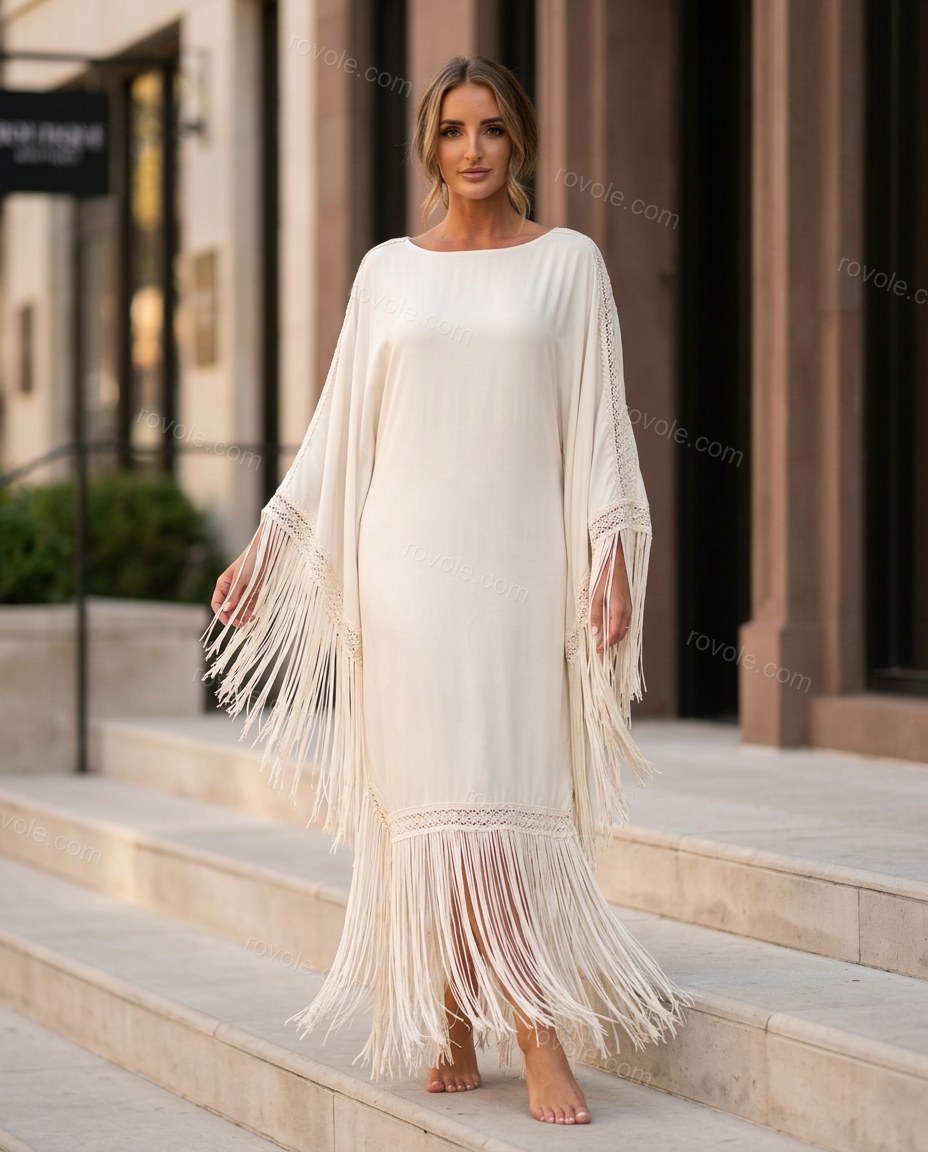 Off-white Fringe Satin Lace Dress, three-quarter brand lifestyle view, by rovole.com