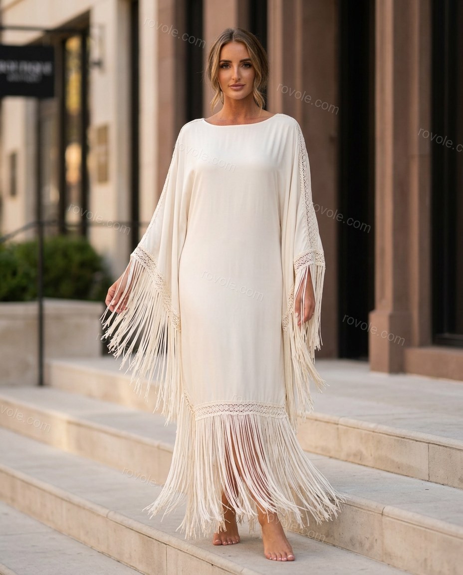 Off-white Fringe Satin Lace Dress, three-quarter brand lifestyle view, by rovole.com