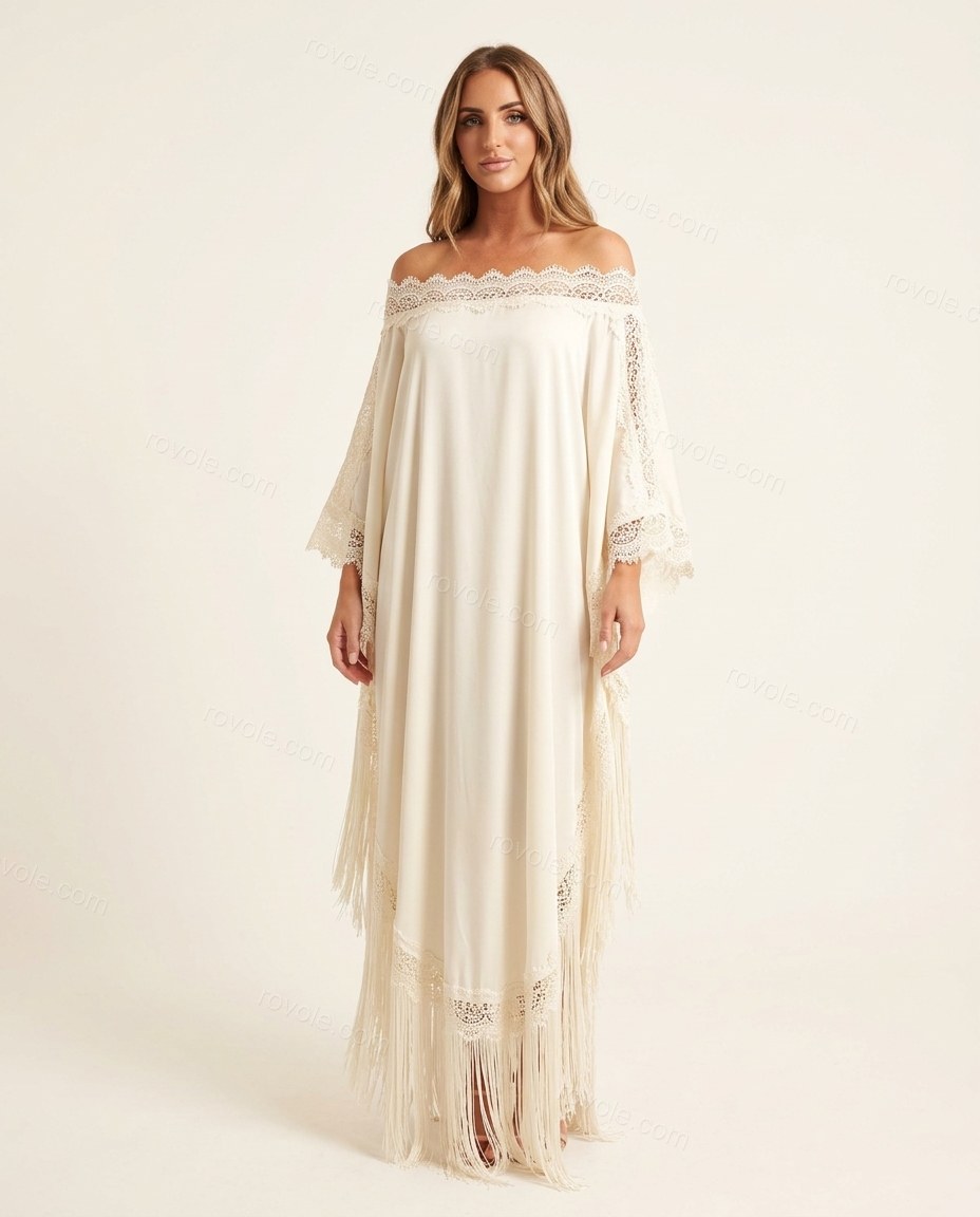 Off-white Fringe Satin Lace Dress, front studio view, by rovole.com