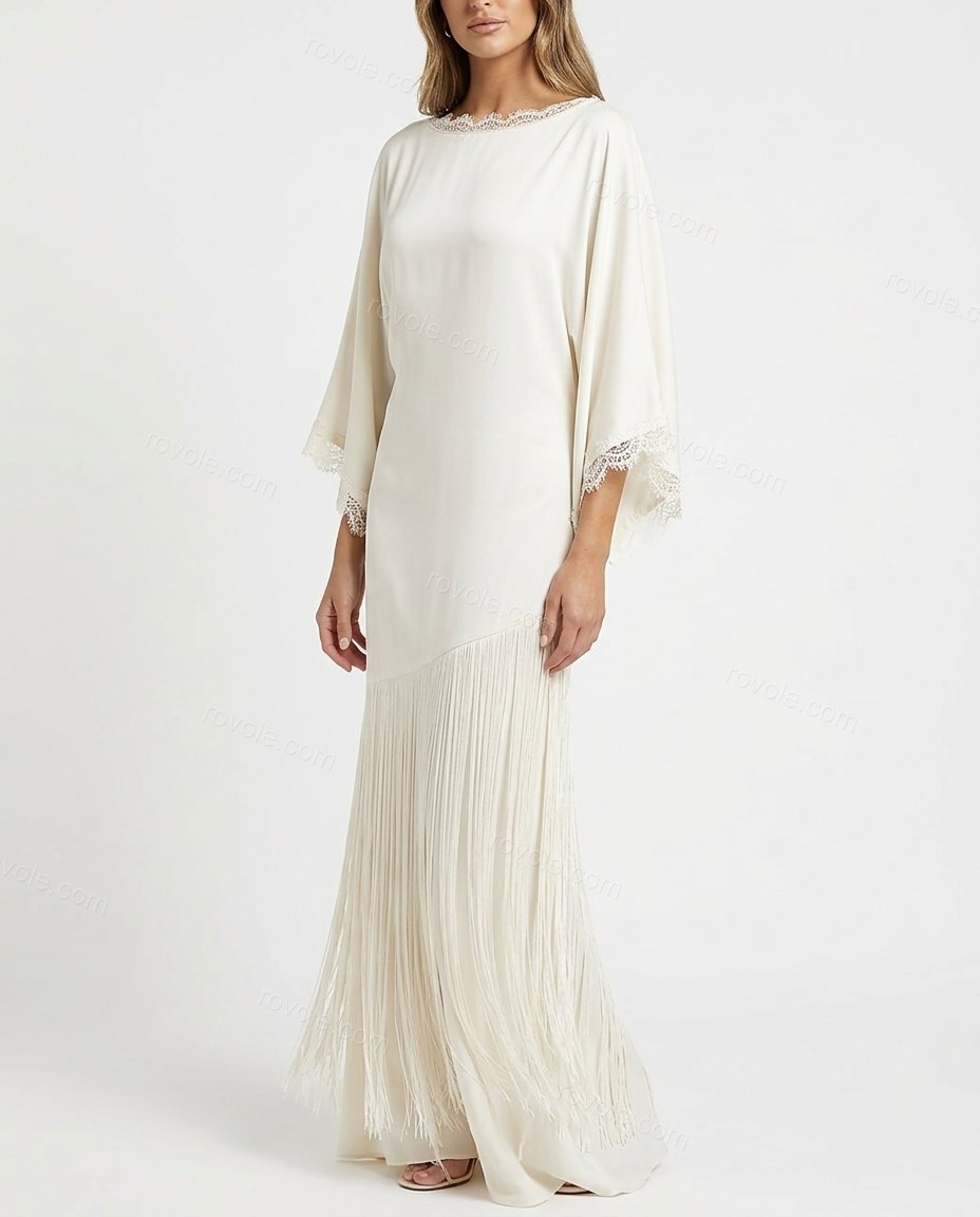 Off-white Fringe Satin Lace Dress, side and back studio view, by rovole.com