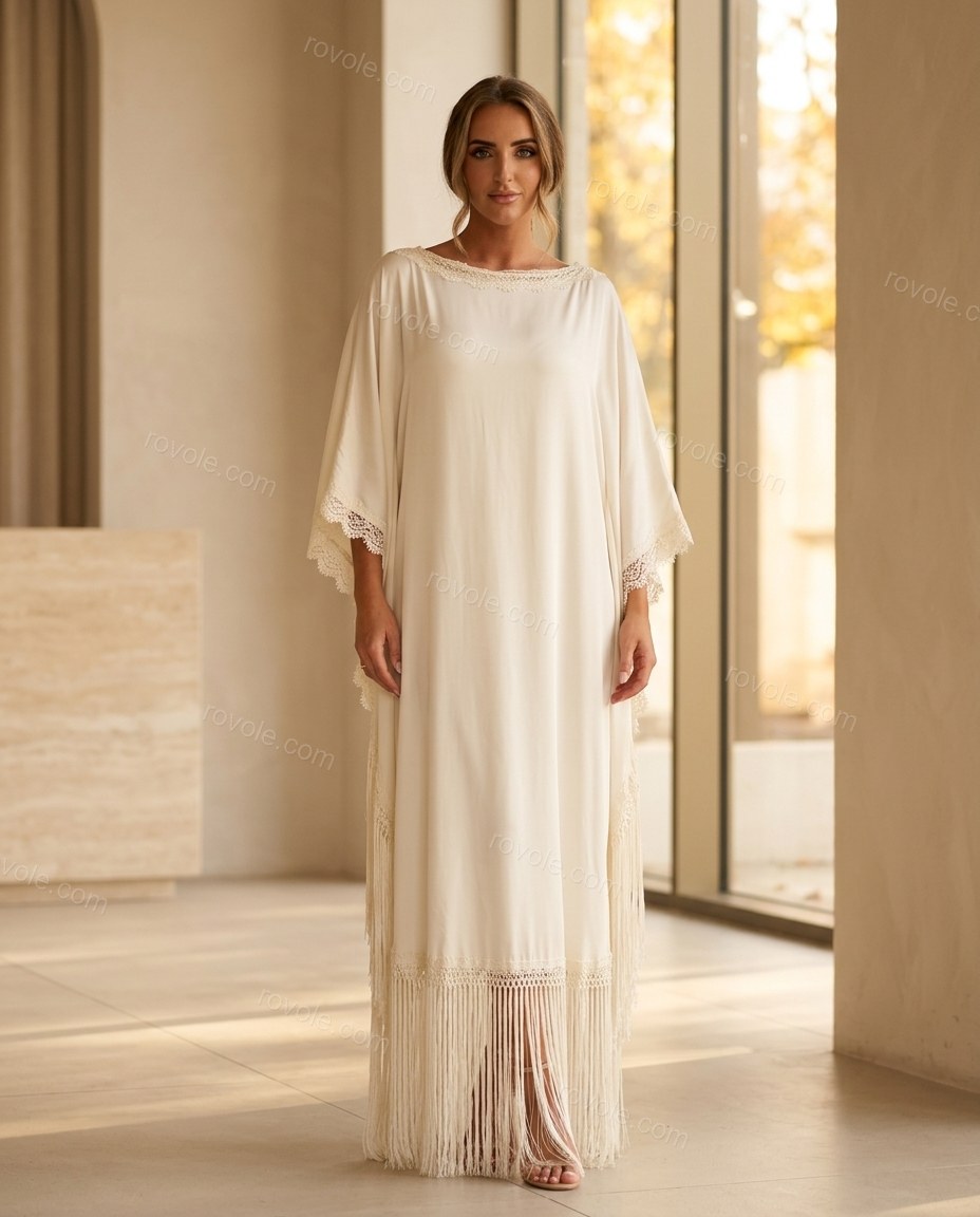 Off-white Fringe Satin Lace Dress, full-length hero view, by rovole.com