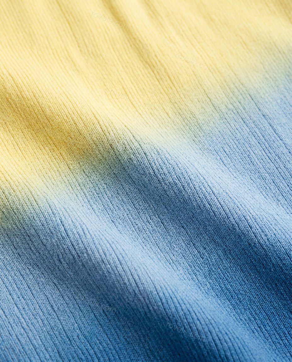 Yellow Maxi Knit Dress, close-up of light blue and blue accents, ombre color transition and long sleeves, by rovole.com