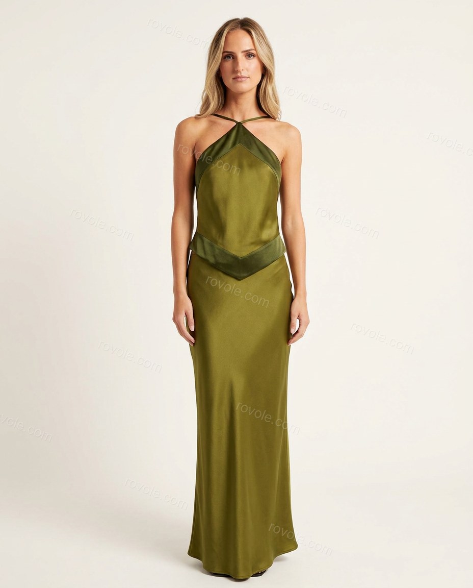 Olive Green Maxi Cowl-Neck Halter Skirt Set, front studio view, by rovole.com
