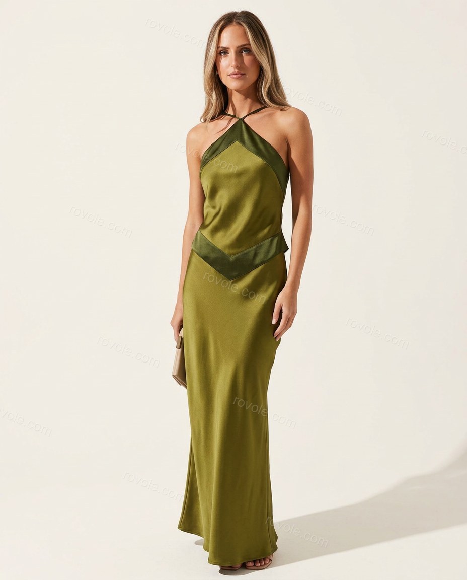 Olive Green Maxi Cowl-Neck Halter Skirt Set, side and back studio view showing not visible, by rovole.com