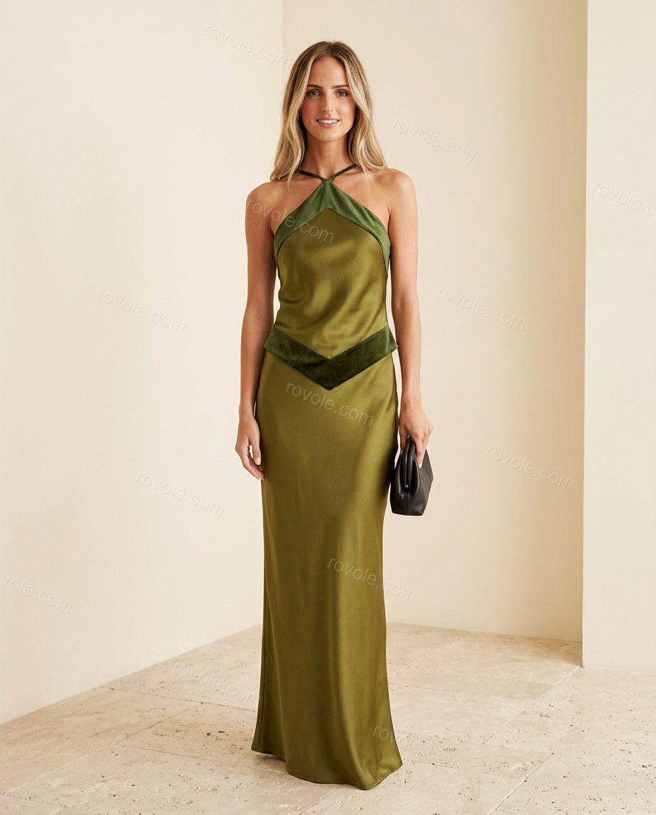 Olive Green Maxi Cowl-Neck Halter Skirt Set, full-length hero view, by rovole.com