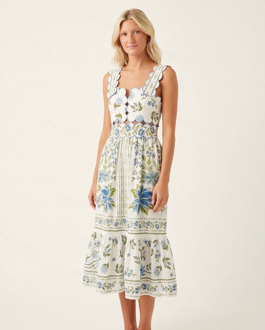 White Floral Maxi Tiered Dress, front studio view, by rovole.com