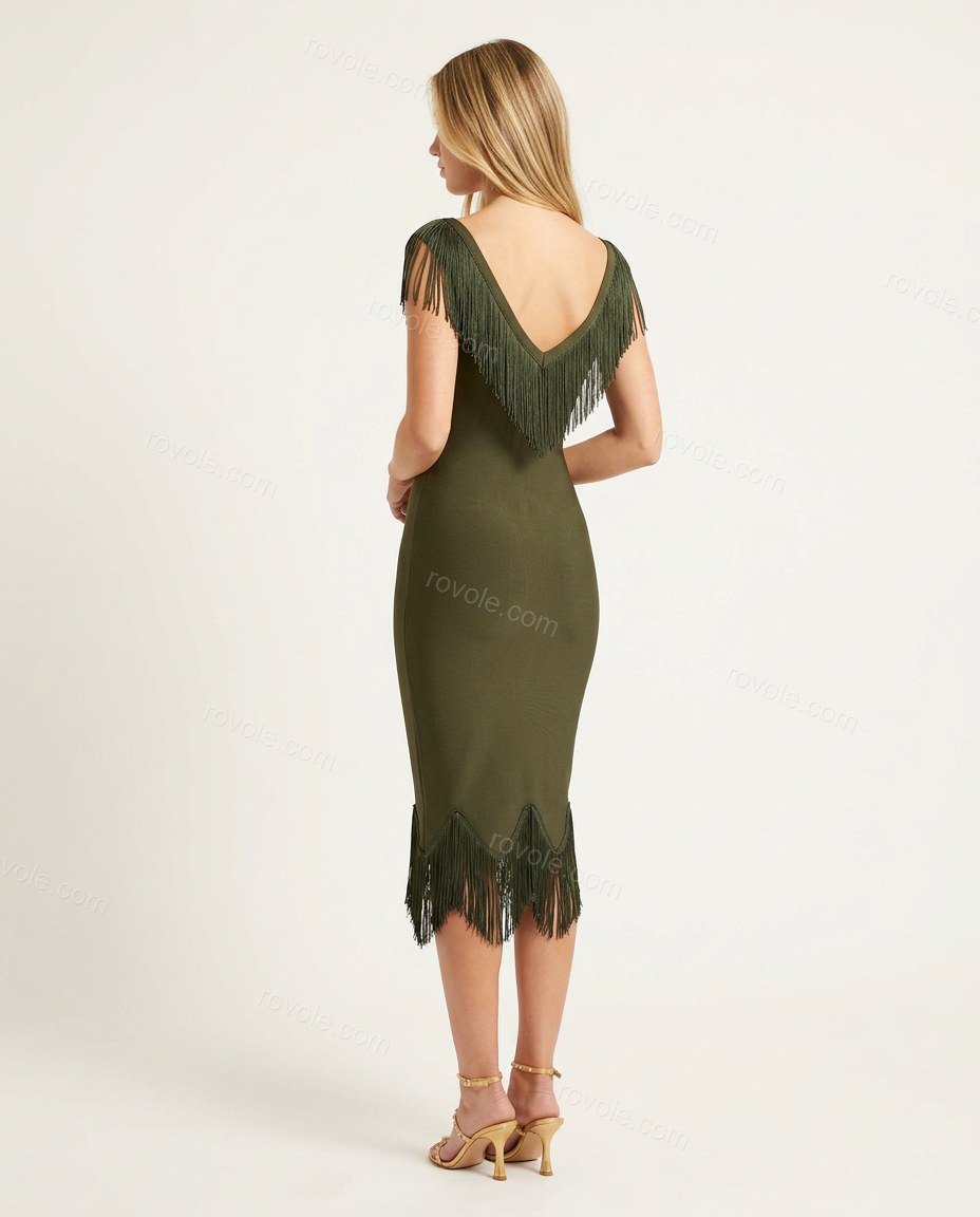 Olive Green Midi Off-Shoulder Fringe Dress, back studio view showing fitted back with v-neckline, by rovole.com