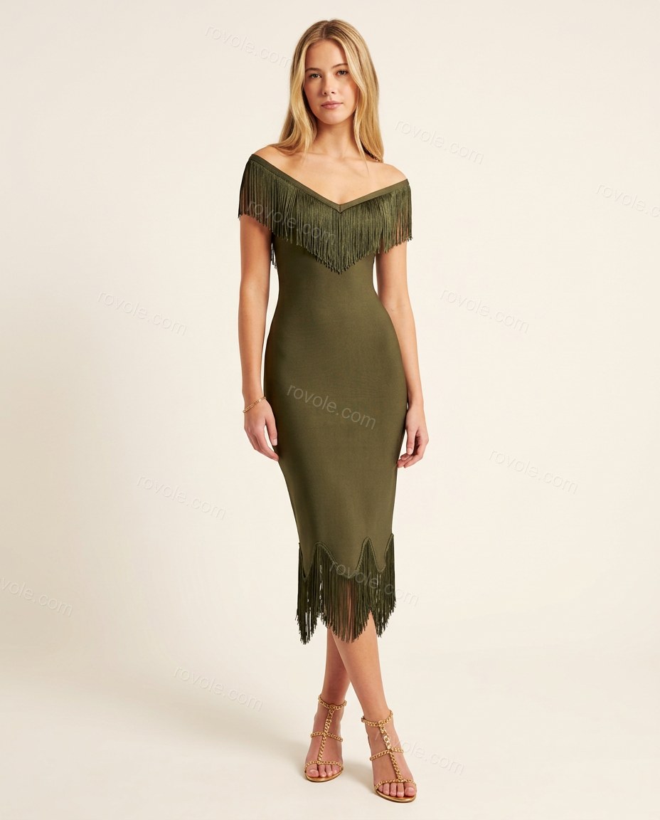 Olive Green Midi Off-Shoulder Fringe Dress, front studio view, by rovole.com