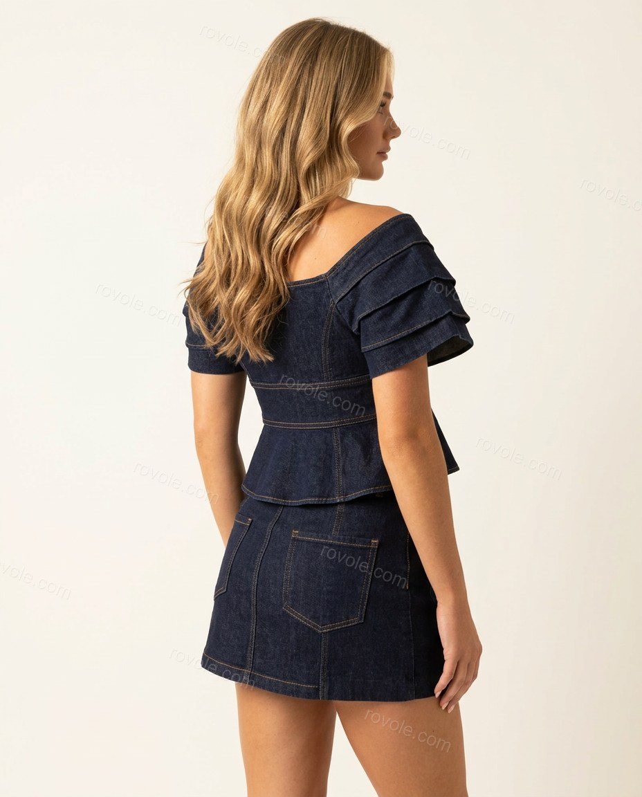 Dark Blue Mini Off-Shoulder Pleated Dress, back studio view, by rovole.com