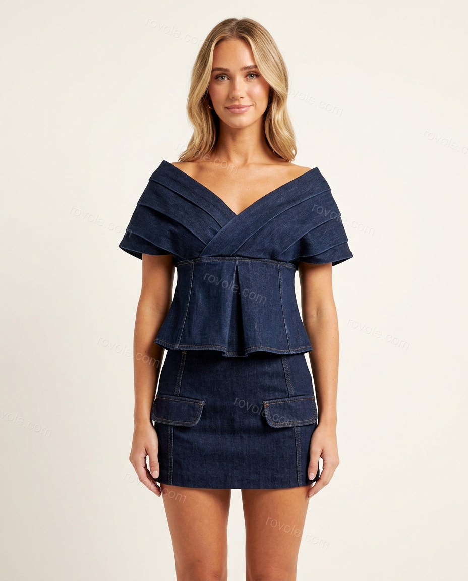 Dark Blue Mini Off-Shoulder Pleated Dress, front studio view, by rovole.com