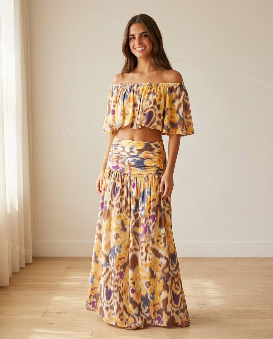 Yellow Abstract Maxi Off-Shoulder Skirt Set, full-length hero view, by rovole.com