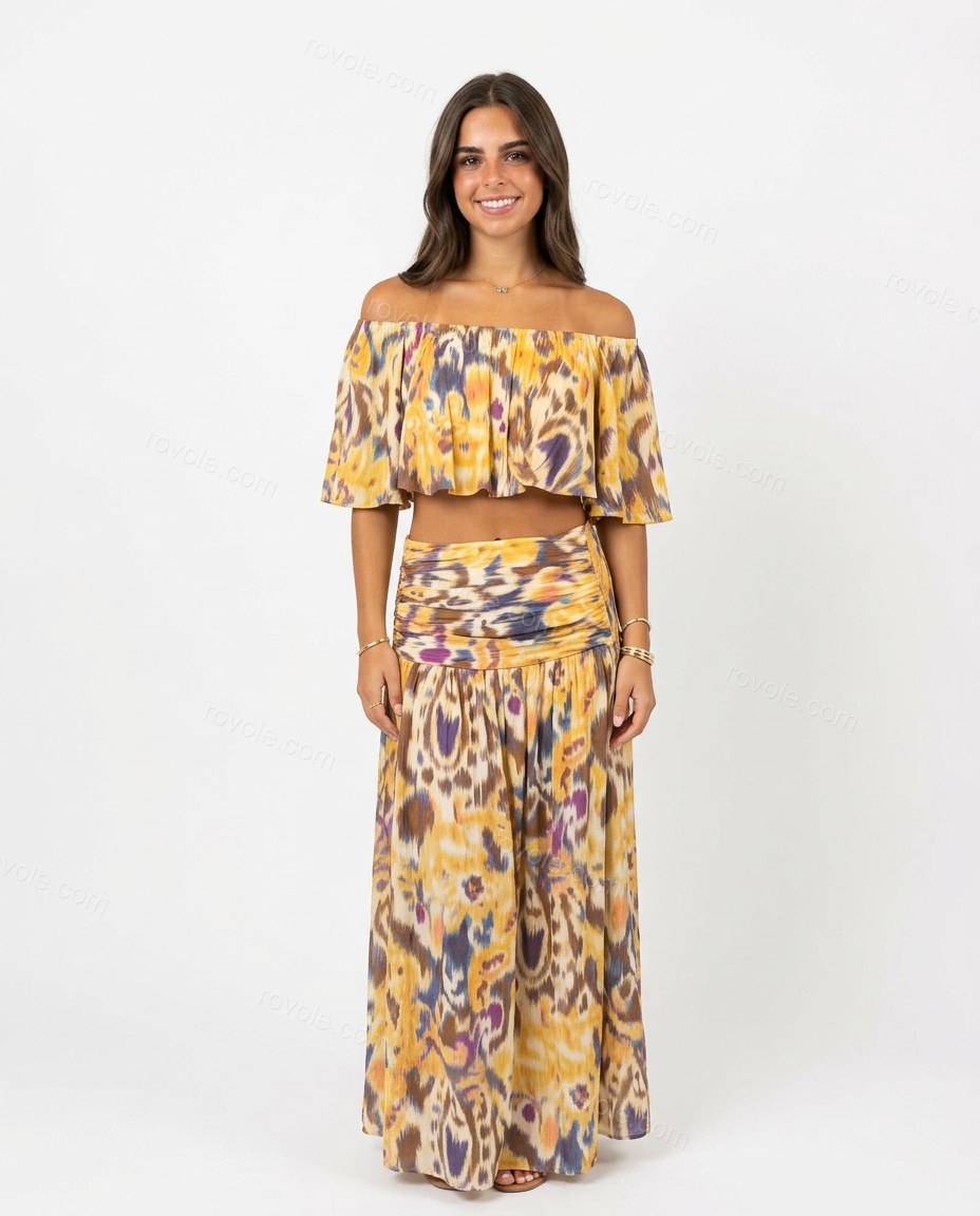 Yellow Abstract Maxi Off-Shoulder Skirt Set, front studio view, by rovole.com