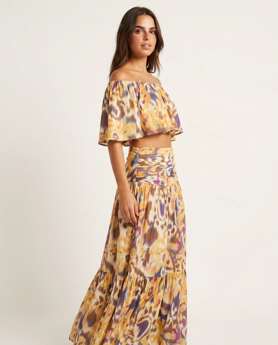 Yellow Abstract Maxi Off-Shoulder Skirt Set, side and back studio view, by rovole.com