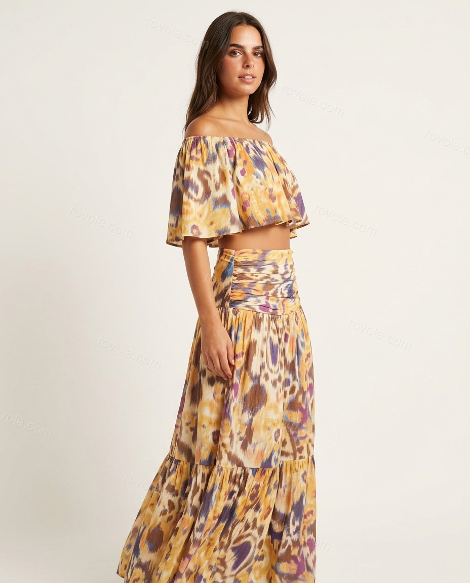 Yellow Abstract Maxi Off-Shoulder Skirt Set, side and back studio view, by rovole.com