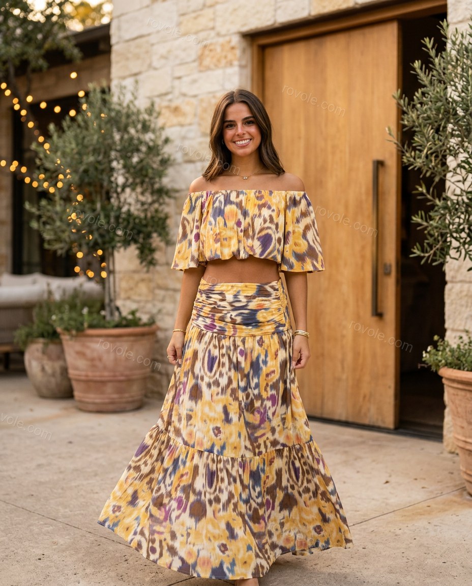 Yellow Abstract Maxi Off-Shoulder Skirt Set, three-quarter brand lifestyle view, by rovole.com
