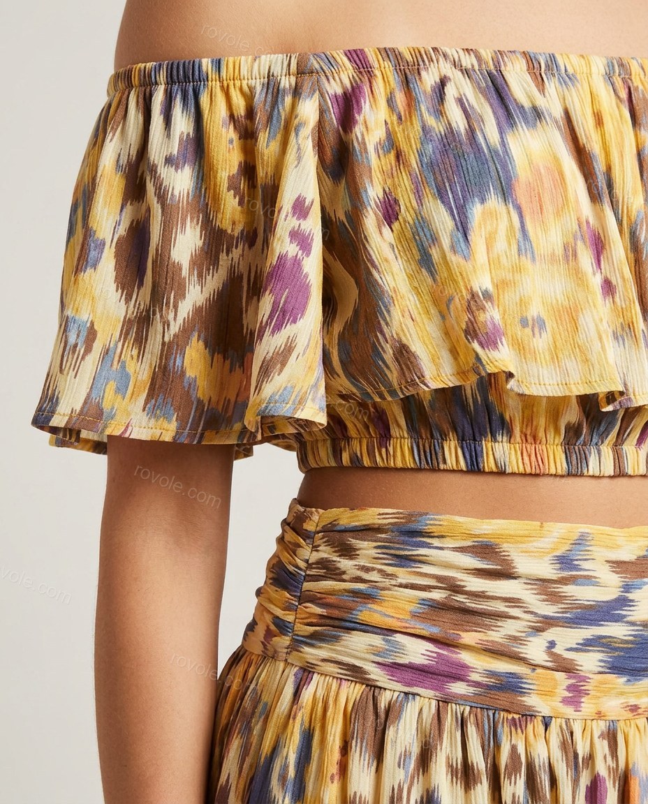 Yellow Abstract Maxi Off-Shoulder Skirt Set, close-up of abstract, by rovole.com