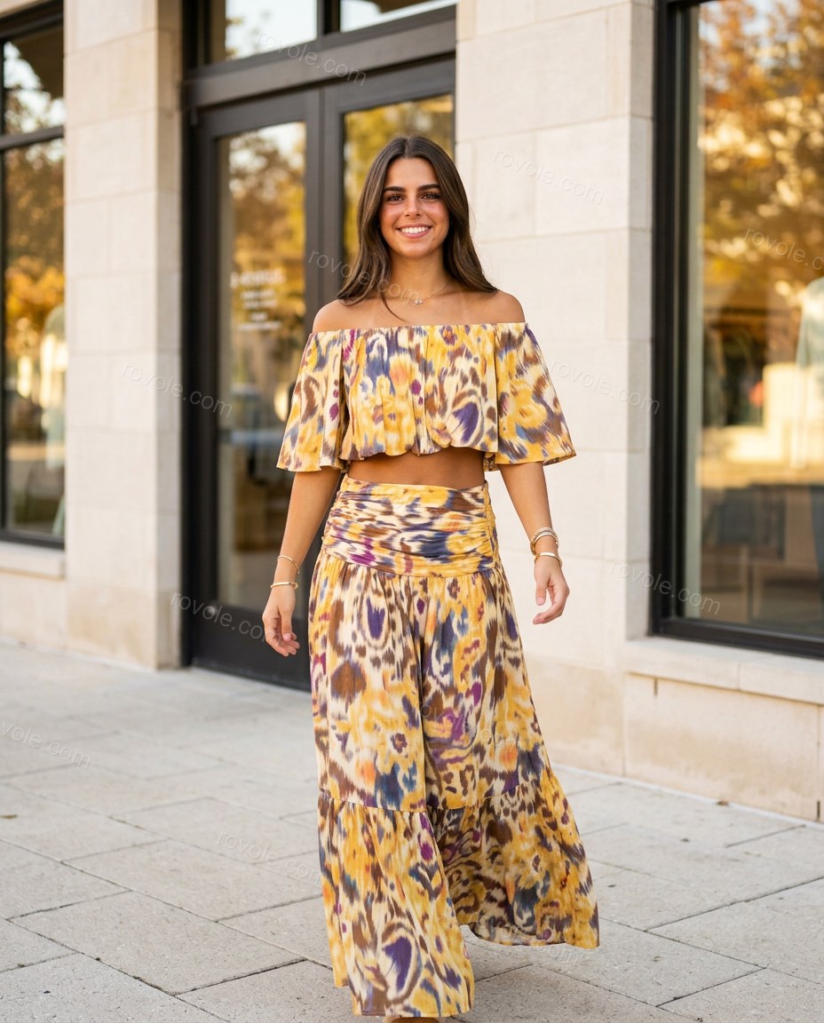 Yellow Abstract Maxi Off-Shoulder Skirt Set, movement and fit lifestyle view, by rovole.com