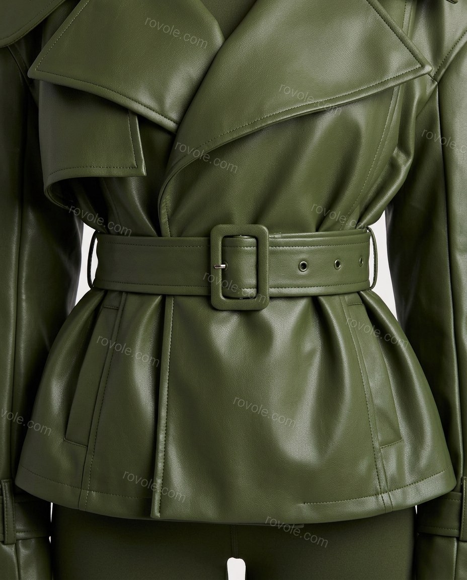 Dark Green Two-Piece Set, close-up of belted, notched lapels and shoulder flaps, by rovole.com