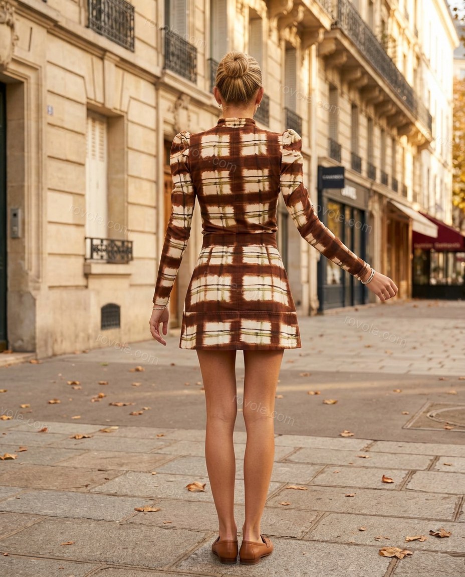 Brown Plaid Mini Top & Skirt Set, movement and fit lifestyle view, by rovole.com