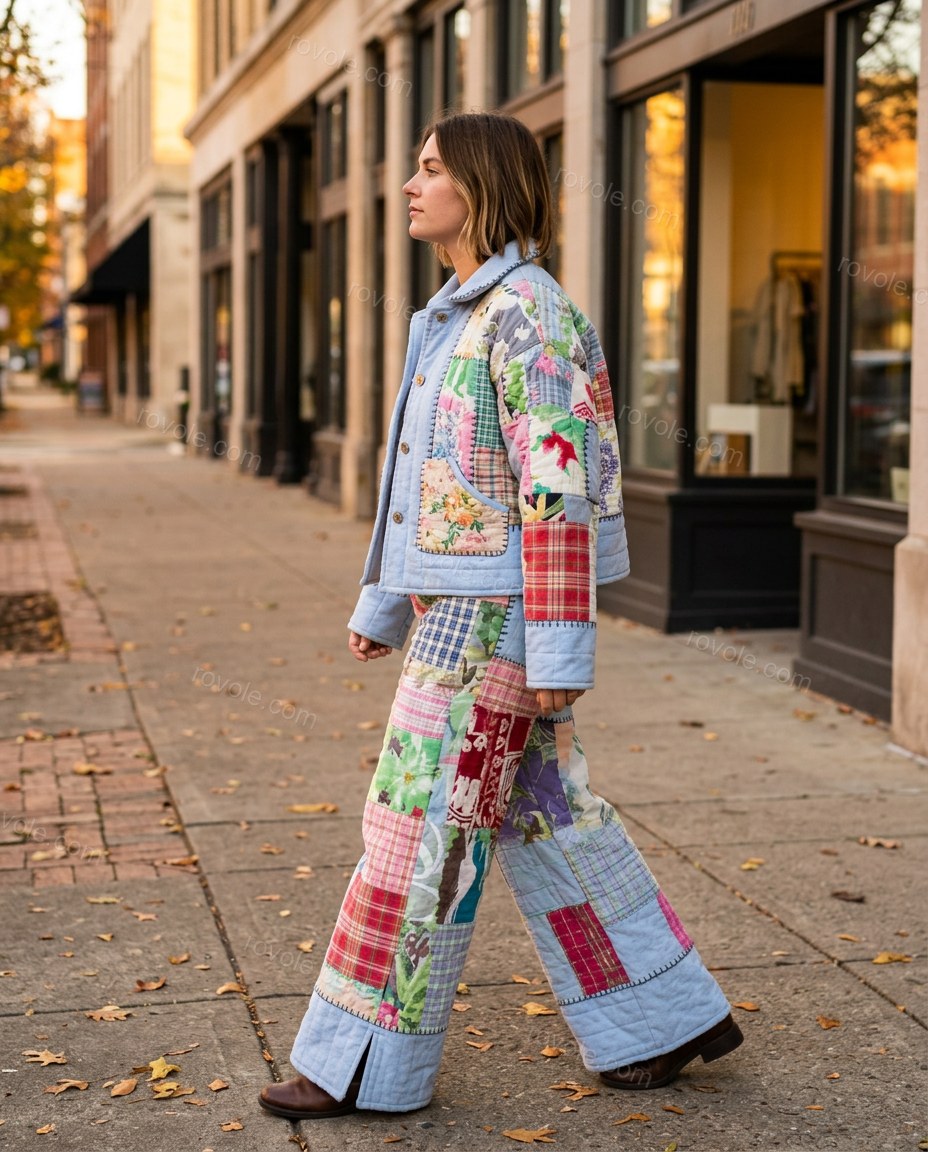 Light Blue Floral Cotton Jacket & Pants Set, three-quarter brand lifestyle view, by rovole.com