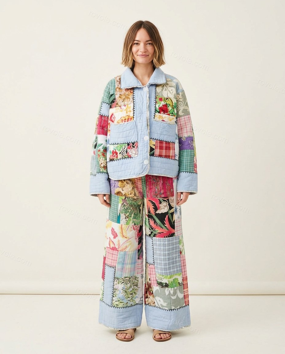 Light Blue Floral Cotton Jacket & Pants Set, front studio view, by rovole.com
