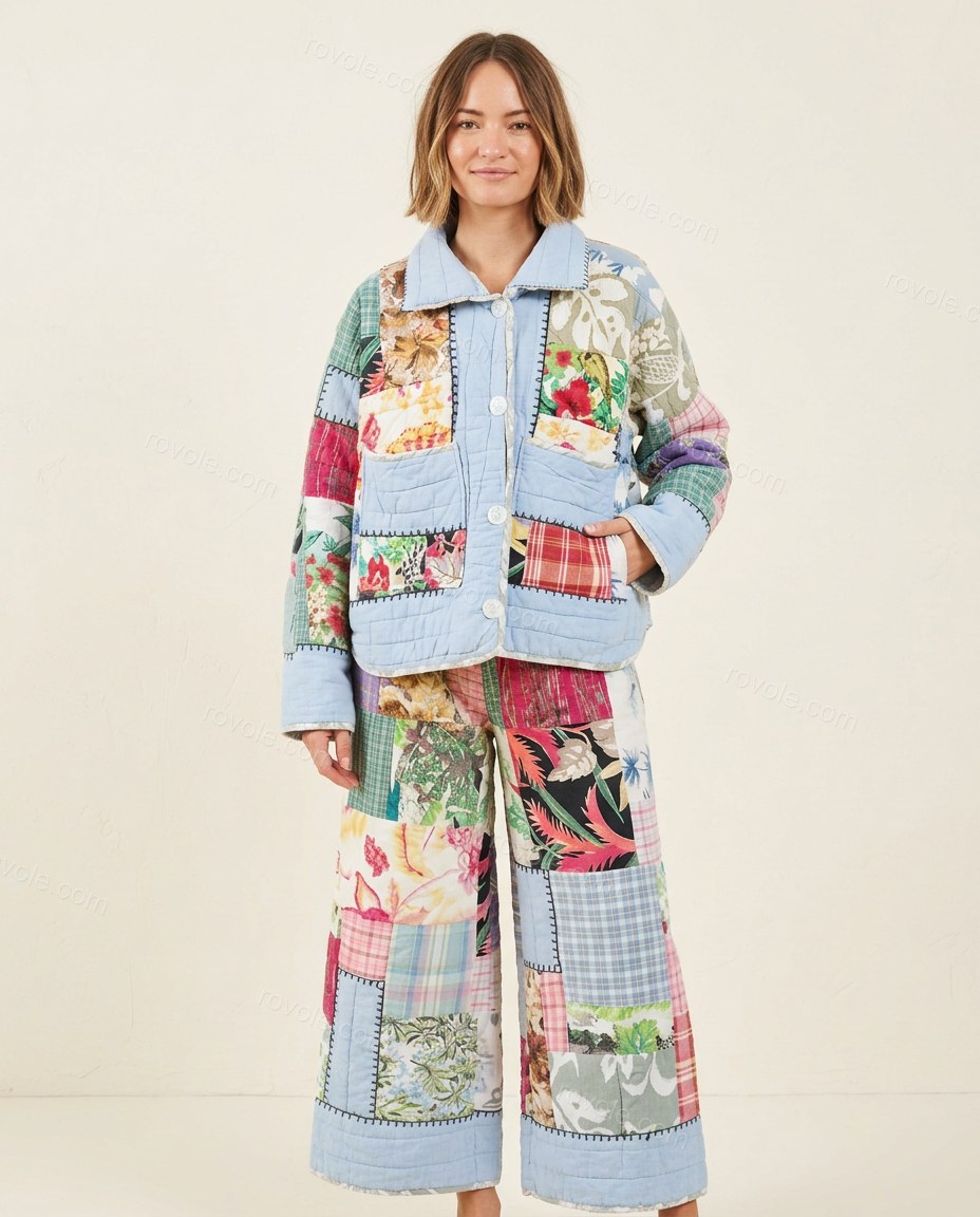 Light Blue Floral Cotton Jacket & Pants Set, full-length hero view, by rovole.com