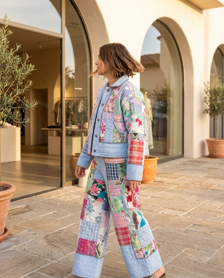 Light Blue Floral Cotton Jacket & Pants Set, walking lifestyle view, by rovole.com