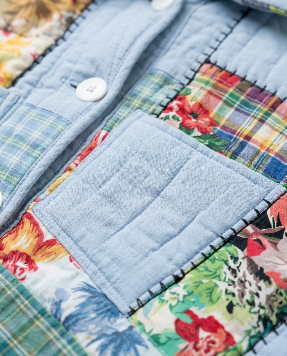 Light Blue Floral Cotton Jacket & Pants Set, close-up of floral, by rovole.com